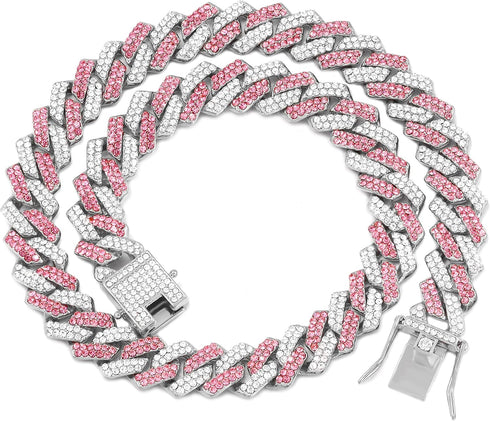 Gold Dog Chain Collar, Diamond Cuban Design, Secure Buckle for Medium Large Dogs, 18inch, Pink-Silver