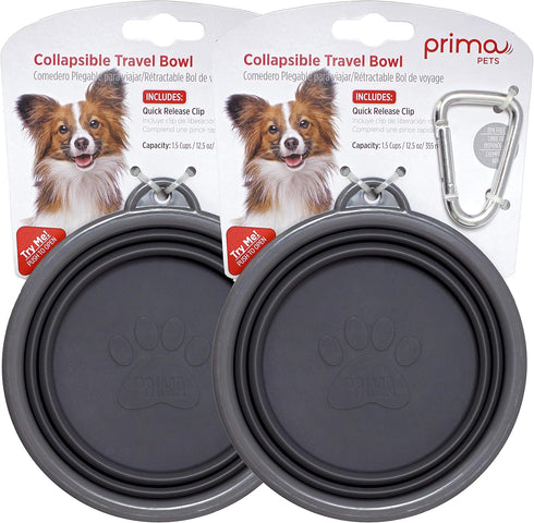 Prima Pet Collapsible Silicone Water Travel Bowl, Portable Pop-up Feeder for Dogs and Cats, Small (1.5 Cups) Grey, 2