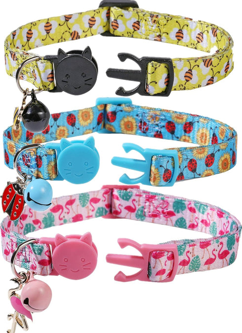 BoomBone Cat Collar Breakaway with Bell, Cute Animal Pendants, 3 Pack Bee Flamingo Beetle Spring Kitten Collar