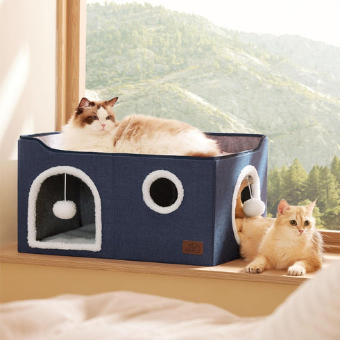 Bedsure Extra-Wide Cat House for Indoor Cats, Large Cat Cave with Fluffy Ball Hanging and Scratch Pad, Blue