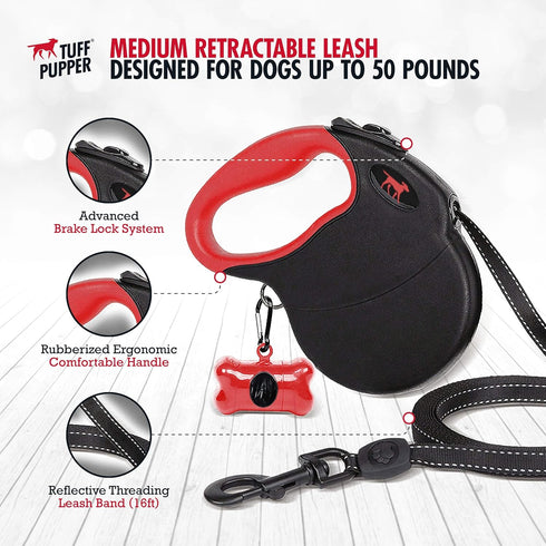 Tuff Pupper Heavy Duty Retractable Dog Leash - 16 ft with Reflective Stitching for Nighttime Safety for Dogs Up to 44