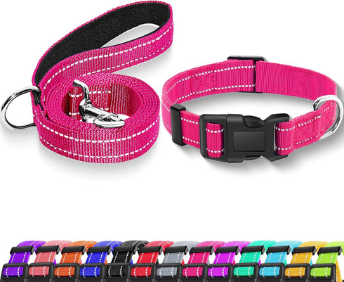 Reflective Dog Collar with Safety Locking Buckle, Adjustable Soft Nylon for Small Medium Large Dogs (M, Hotpink)
