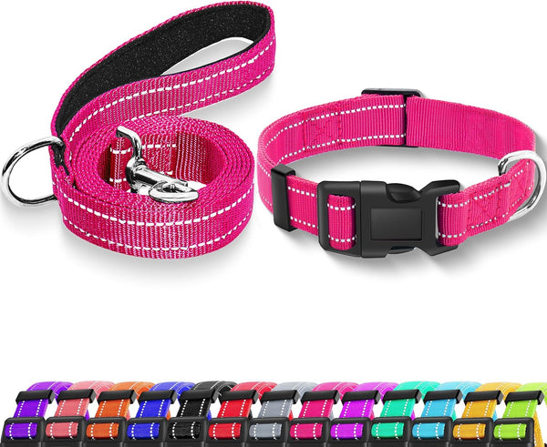 Reflective Dog Collar with Safety Locking Buckle, Adjustable Soft Nylon for Small Medium Large Dogs (M, Hotpink)
