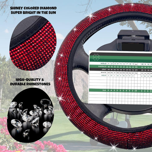 Universal Colorful Bling Crystal Diamond Rhinestones Golf Cart Steering Wheel Cover, Anti Slip Easy to Install (Red