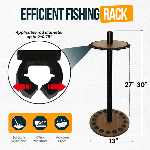 Rush Creek Creations 16 Round Fishing Rod Rack - Dark Walnut Fishing Pole Holder and Storage