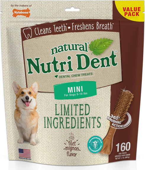 Nylabone Nutri Dent Dog Dental Chews - Natural Dog Teeth Cleaning & Breath Freshener - Filet Mignon Flavor, Mini (160