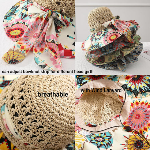 Summer Wide Brim Beach Hats for Women, Anti-UV Flower Floppy Foldable Roll Up Cap