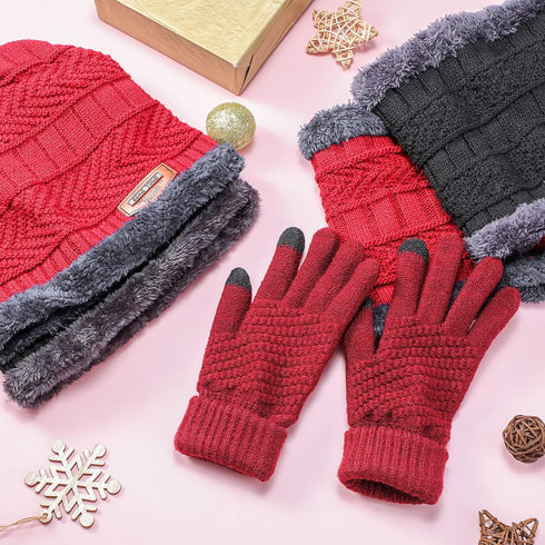 Winter Beanie Hat, Neck Warmer, Touchscreen Gloves Set, Fleece Knitted Caps, Circle Loop Scarf for Men Women