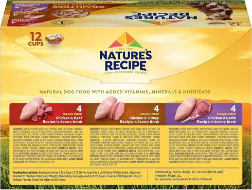 Nature’s Recipe Grain Free Wet Dog Food Variety Pack, Chicken & Beef, Chicken & Turkey, Chicken & Lamb, 2.75 Ounce