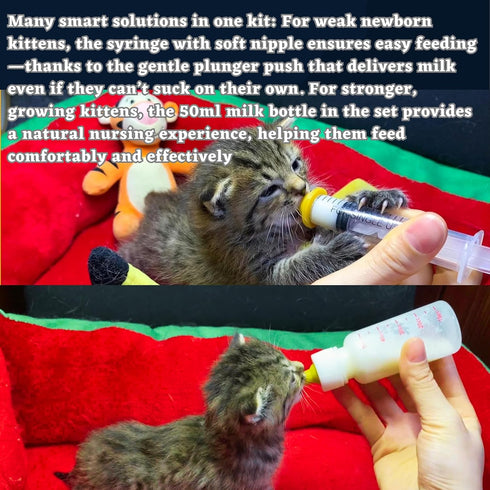 50ml Set Newborn Pet Feeding Kit, Nursing Bottle & Syringe for Puppies, Kittens, Rabbits, Squirrels BPA-Free Silicone
