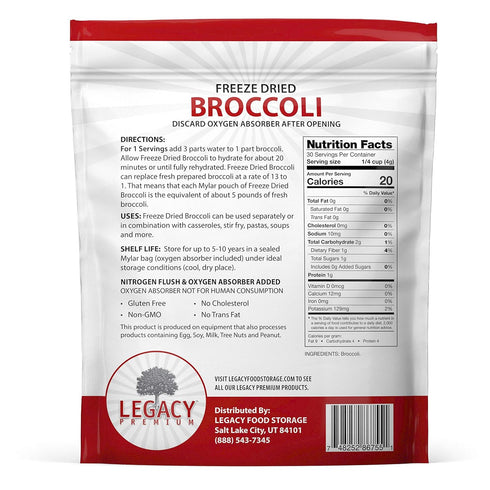 15 1) Legacy Essentials Freeze Dried Broccoli Florets- Year Shelf Life for Emergency Survival Food Storage Supply