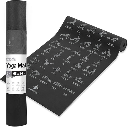 NewMe Fitness Yoga Mat, Large, 5mm Thick, 68 Inch Long, Non Slip with 70 Printed Yoga Poses for Home and Gym