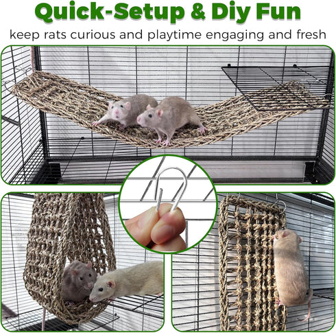 30x7inch Hammock Rat Climbing Toys for Cage, Chewable Natural Seagrass Mat with Metal Hooks, Soft Fall Breakers