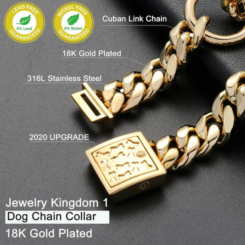 Jewelry Kingdom Gold Dog Martingale Collar Metal Chain with Design Secure Buckle Dog Tag, 18K Cuban Link 15MM (Strong
