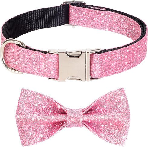 Bling Pink Dog Bow Tie Collar for Small, Medium Dogs, Cute Collar for Daily Walking or Holiday Parties (Neck fit