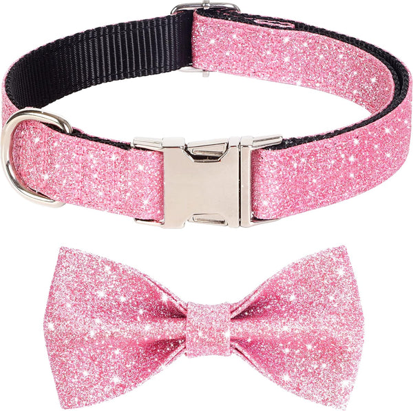 Bling Dog Bow Tie Collar for Puppy Small Dogs and Cats, Cute Pink Collar for Daily Walking or Holiday Party (Neck fit