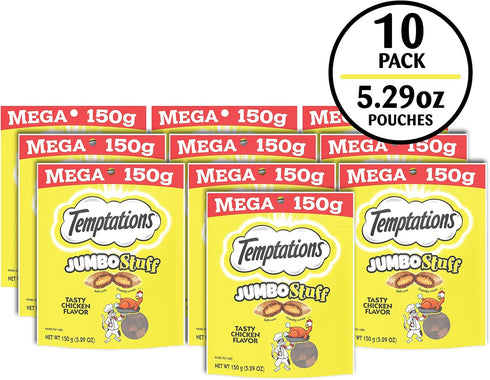 5.3 oz. (Pack 10) Temptations Jumbo Stuffed Cat Treats, Crunchy and Soft Cat Treats, Tasty Chicken Flavor, Pouch