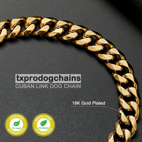 Dog Chain Collar Chew Proof, Heavy Duty 15mm Thick Stainless Steel Metal Cuban Link for Small Medium Large Dogs - Gold