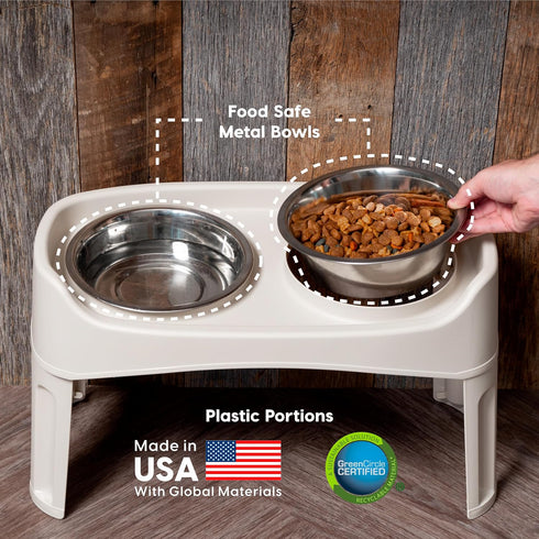 IRIS USA Elevated Dog Bowls, Adjustable Height, 2 Thick 64 oz Stainless Steel Bowls, Spill-Proof with Raised Outer Rim, Durable Made in USA Plastic, Easy Assemble, 2 Heights 4.63" or 12.25" Almond