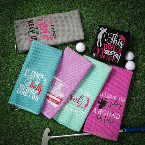 Hosuly 6 Pcs Embroidered Funny Golf Towel with Clip, Golf Gifts for Women, Mom, Wife, Girlfriend, 6 Colors