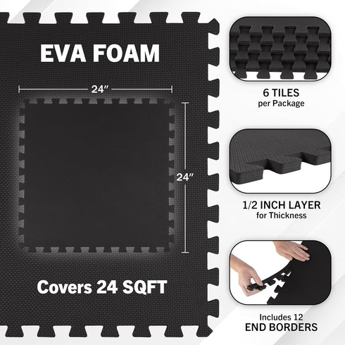 6-Pack 24 EVA Foam Mat Tiles - SQ FT of Interlocking Padding for Garage, Playroom, or Gym Flooring - Workout Mat