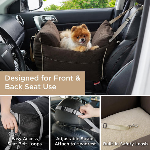 Lesure Small Dog Car Seat - Waterproof Booster Seat with Storage Pockets and Clip-On Safety Leash, Brown