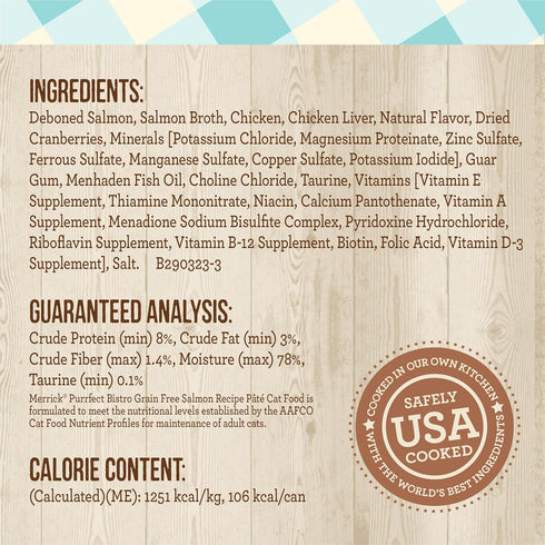 Merrick Purrfect Bistro Grain Free Premium Soft Canned Pate Adult Wet Cat Food, High Protein Salmon Recipe, 3 oz (Pack