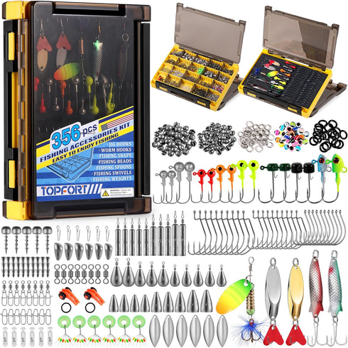 TOPFORT 187/343pcs Fishing Accessories Kit, Includes Jig Hooks, Sinker Weights, Fishing Set with Tackle Box