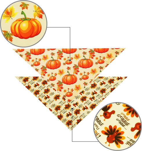 Pohshido 2 Pack Dog Thanksgiving Bandana, Reversible Triangle Bibs for Small Medium Large Dogs, Fall Pumpkin Turkey