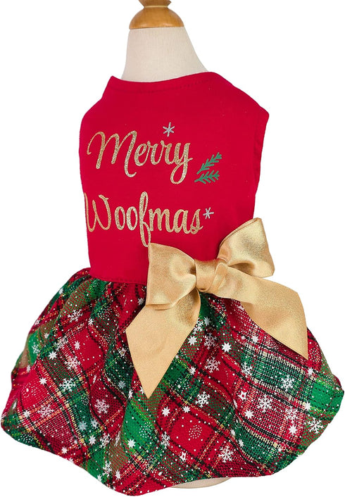 Fitwarm Merry Woofmas 100% Cotton Dog Christmas Outfits, Lightweight Holiday Dress with Bowknot, Red XXS