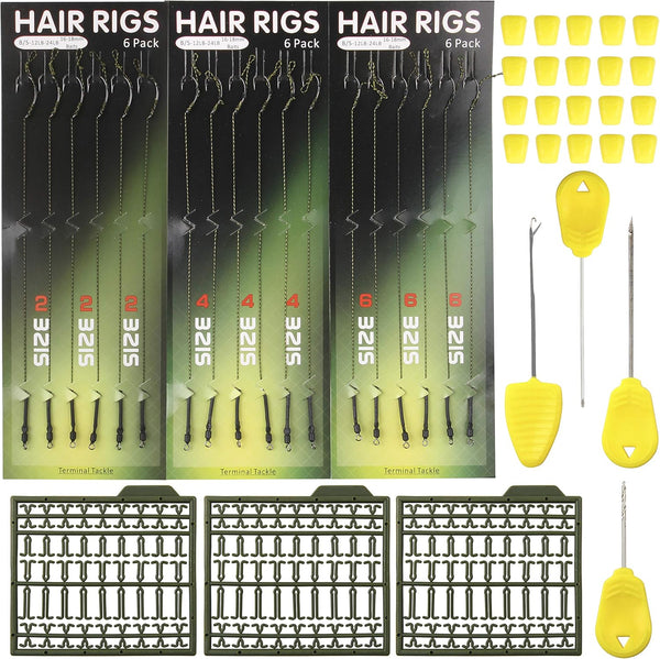 Fishing Carp Hair Boilie Rigs Kit, 45pcs with Curved Barbed Carp Hook, Braided Line, Bait Stopper Tool