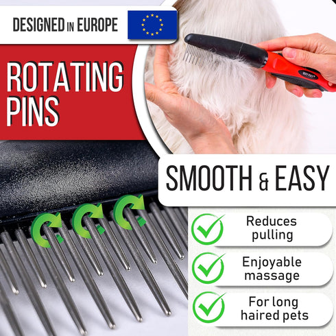 Poodle Comb for Dogs with Rotating Teeth - Smoothest Pet Comb with 5-in-1 Features for Dematting - Dog Essentials for Small Medium and Large Dog