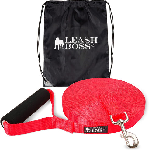 Leash Boss Free Range Long Dog Leash for Large Dogs, 1 Inch Heavy Duty Nylon Training Lead, 30 Ft, Orange