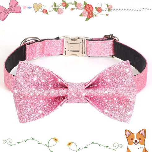 Bling Pink Dog Bow Tie Collar for Small, Medium Dogs, Cute Collar for Daily Walking or Holiday Parties (Neck fit