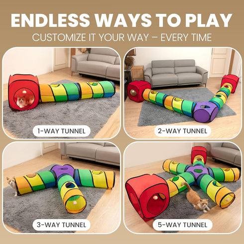 5-Way Genius Cat Tunnels for Indoor Cats - Large Customizable Tunnel Tube System with Hanging Toys, Storage Bag