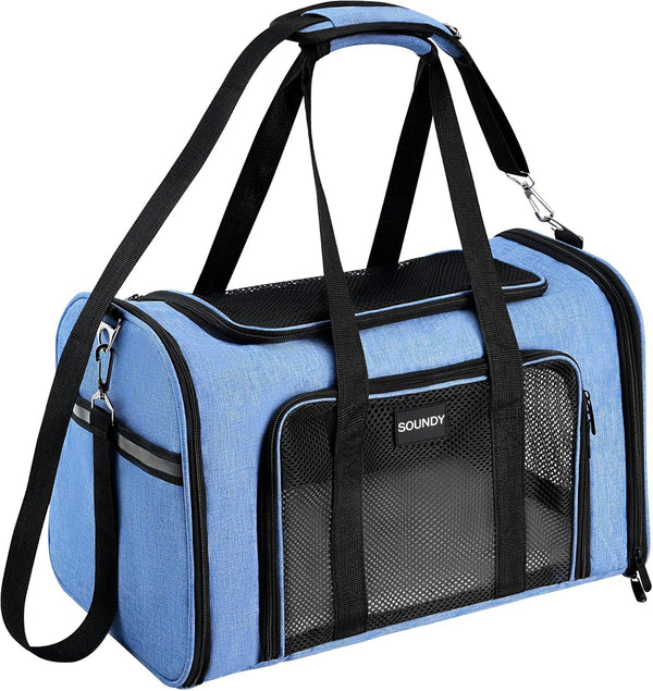 Soundy Large Pet Carrier for Dogs and Cats Under 25 Lbs, Portable Soft Sided Folding Travel Carrier, Blue