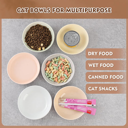 Ceramic Cat Food Bowl Set, Colorful Feeding Bowls with Non-Slip Mat, Wide Shallow Cat Dish - 6 Pack, 8.5 oz