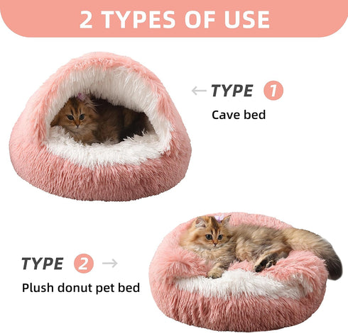 Round Plush Fluffy Cat Bed, Hooded Calming Cave for Dogs & Cats, Self Warming Bed with Non-Collapsed Cover, Machine