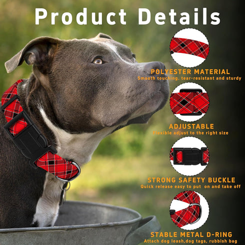 Dog Collar, Classical Boys Girls Puppy Collar for Small Medium Large Dogs, Adjustable Soft Plaid Pet Collar with Safety Buckle for Male Females(Red Plaid, M)