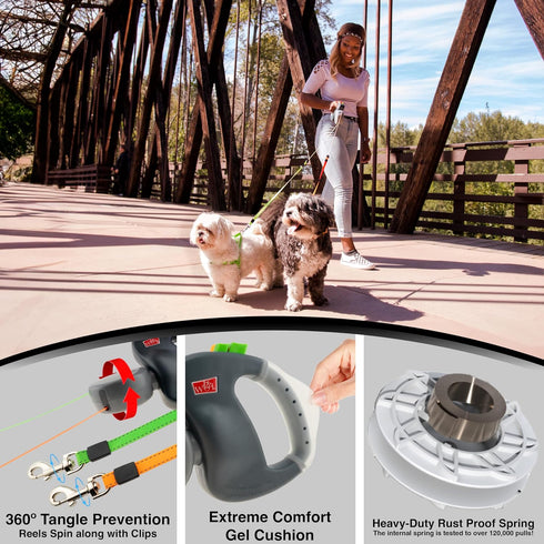 WIGZI Reflective Retractable Pet Leash for Two Dogs, 10ft Each up to 50 lbs, 360 Degree Zero Tangle, Gray