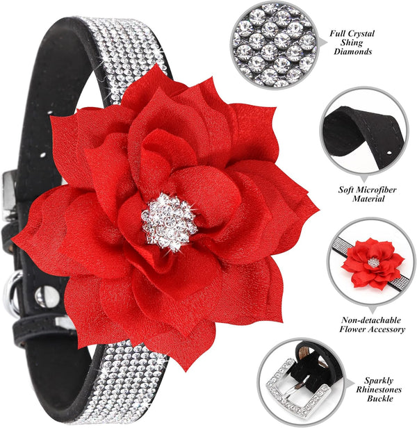 Pet Artist Girl Rhinestone Suede Dog Collar for Small Dogs, Soft Flower Collar, Bling Set, Neck 10-12", Leash 4ft