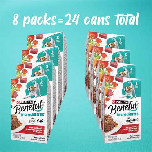 (8 Packs 3) 3 oz. Purina Beneful Small Breed Wet Dog Food With Gravy, IncrediBites with Real Beef - of Cans
