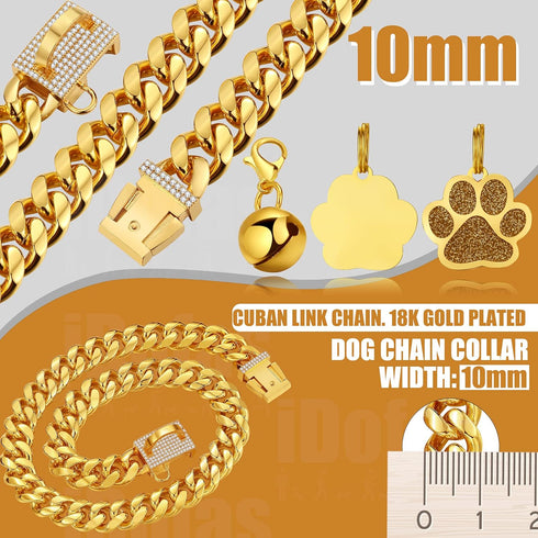 Dog Chain Collars Gold Dog Collar 10mm Cuban Link with CZ Diamond Buckle Bling for Puppy Small Medium Large Dogs (24")