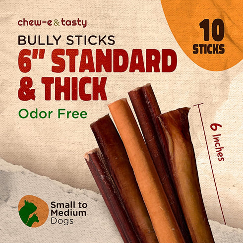 chew-e&tasty 6 Inch Bully Sticks for Dogs, Pack of 10, 100% Natural, USDA Certified & Odor Free, High Protein