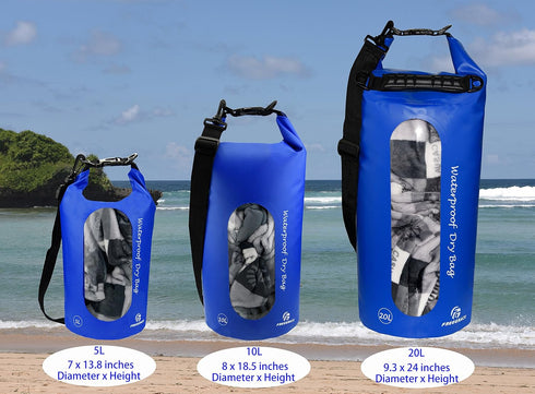 Waterproof Dry Bags Set of 3 with 2 Zip Lock Seals, Detachable Shoulder Strap, Waist Pouch & Phone Case - Navy Blue