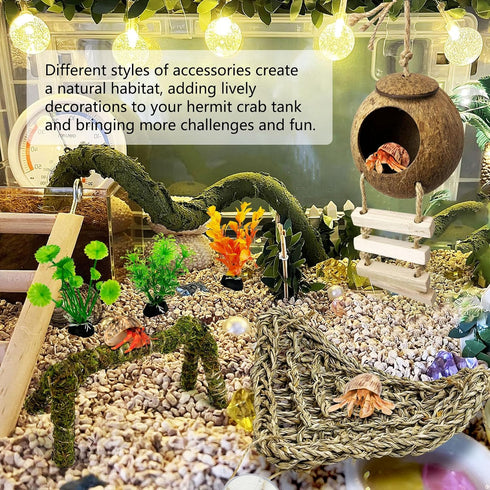 6 Hammock PCS Hermit Crab Accessories Large Bendable Moss Hermit Crab Climbing Toys Coconut Shell Hut with Ladder