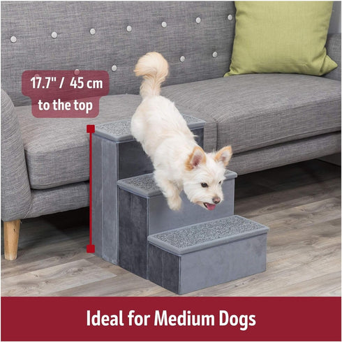 TRIXIE Velour 3-Step Pet Stairs with Storage, Collapsible, Gray, Storage Compartments for Pet Toys