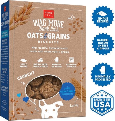 Cloud Star Wag More Bark Less - Dog Treats - Crunchy Biscuits - Oats & Grains Bacon, Cheese & Apples - 16 oz Box