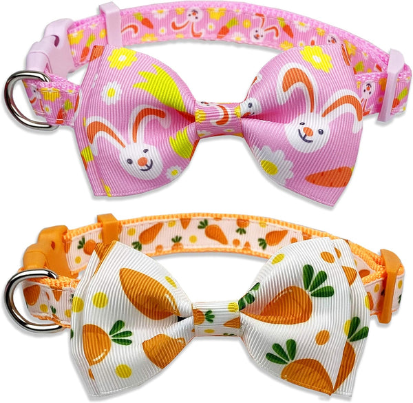 Easter Day Dog Collar with Bow Tie - Holiday Bunny Carrot Collar for Small Medium Large Dogs (Hoppy Hour/Pink, Medium)