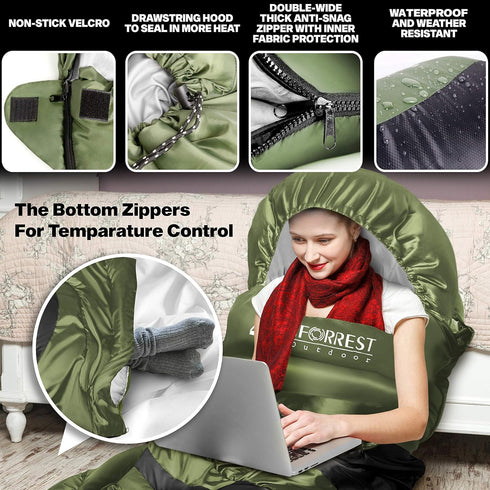 Sleeping Bag for Adults and Teens, Cold Weather Thickened Camping Bed, Extra-Wide 33In, Queen Size XL